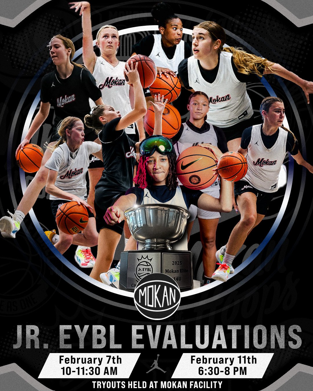Poster advertising Jr. EYBL evaluations for the Mokan basketball team, featuring young female basketball players in action, holding basketballs, and a player with glasses and a trophy. The event dates are February 7th and February 11th, with tryouts held at Mokan Facility.