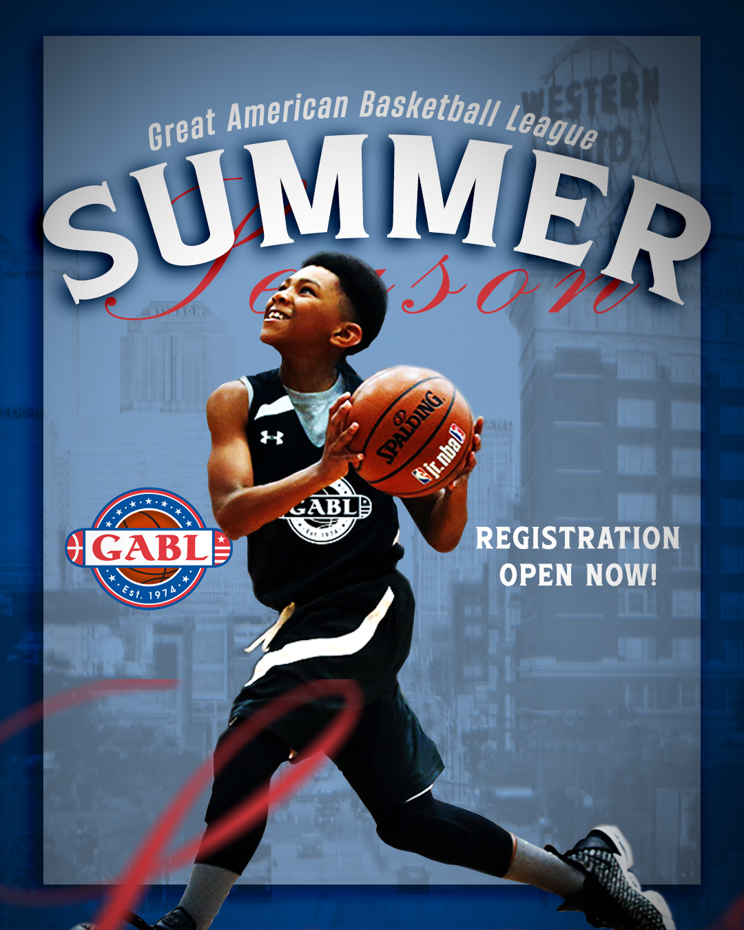 A boy playing basketball with a Spalding ball in a city background, promoting a summer basketball league and registration.