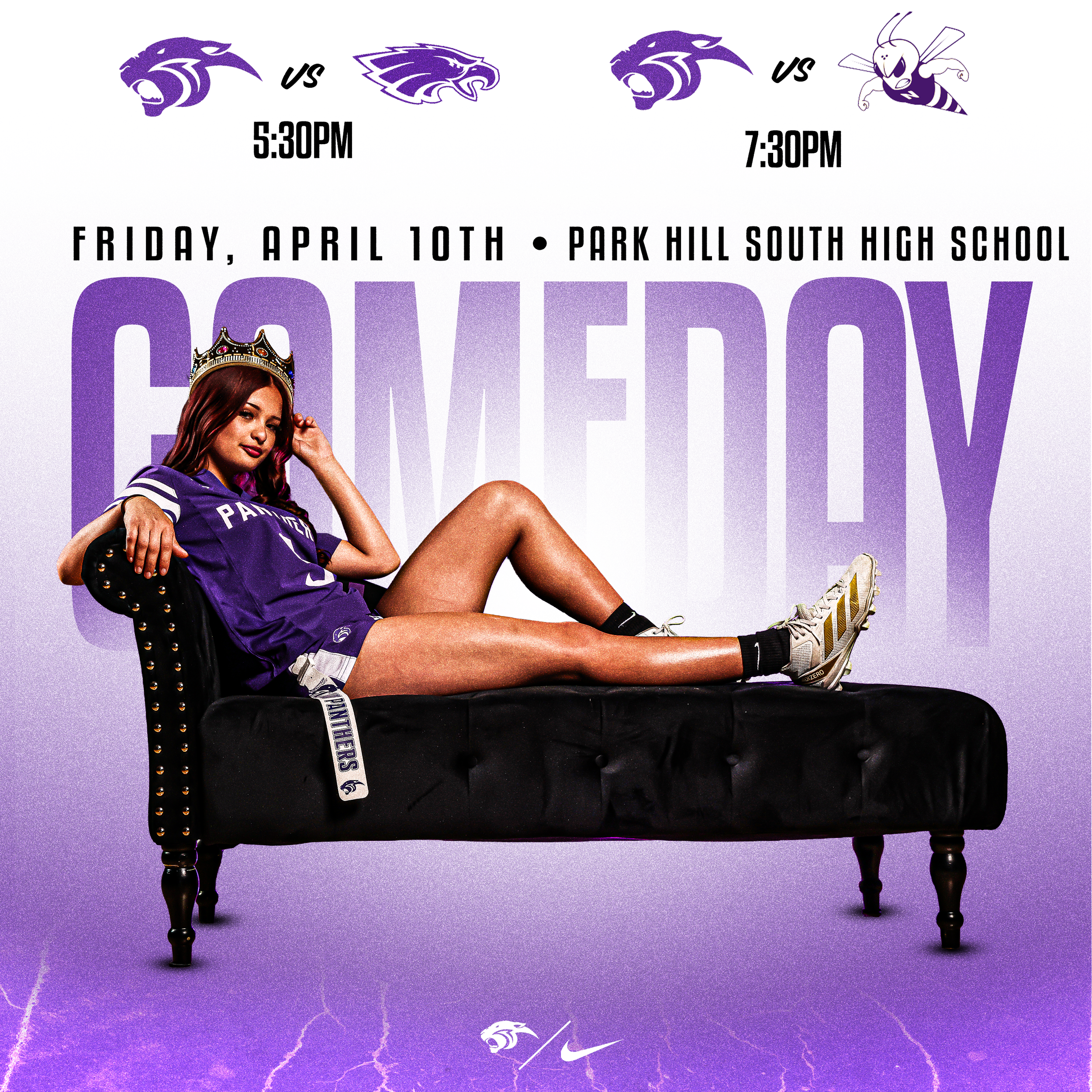 Promotional poster for two football games featuring logos of Kansas State Wildcats and other teams, scheduled for April 10th at Park Hill South High School, with times 5:30 PM and 7:30 PM, and a photo of a female football player wearing a purple uniform and crown.