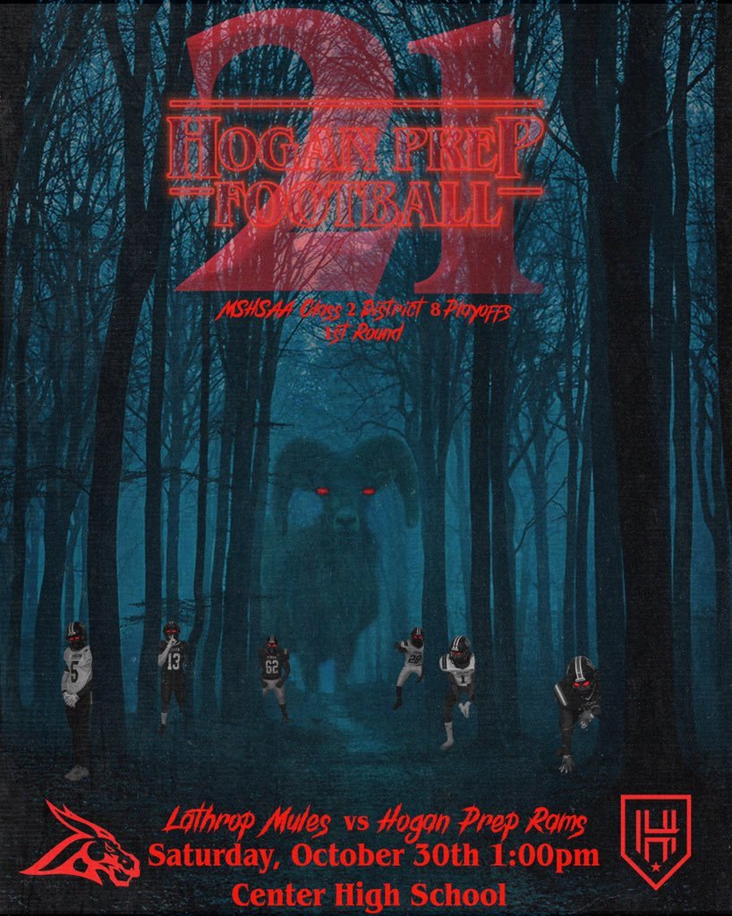Promotional poster for a high school football game between Lathrop Mules and Hogan Prep Rams featuring a dark forest background with a sinister face and red glowing eyes and message details about the game schedule