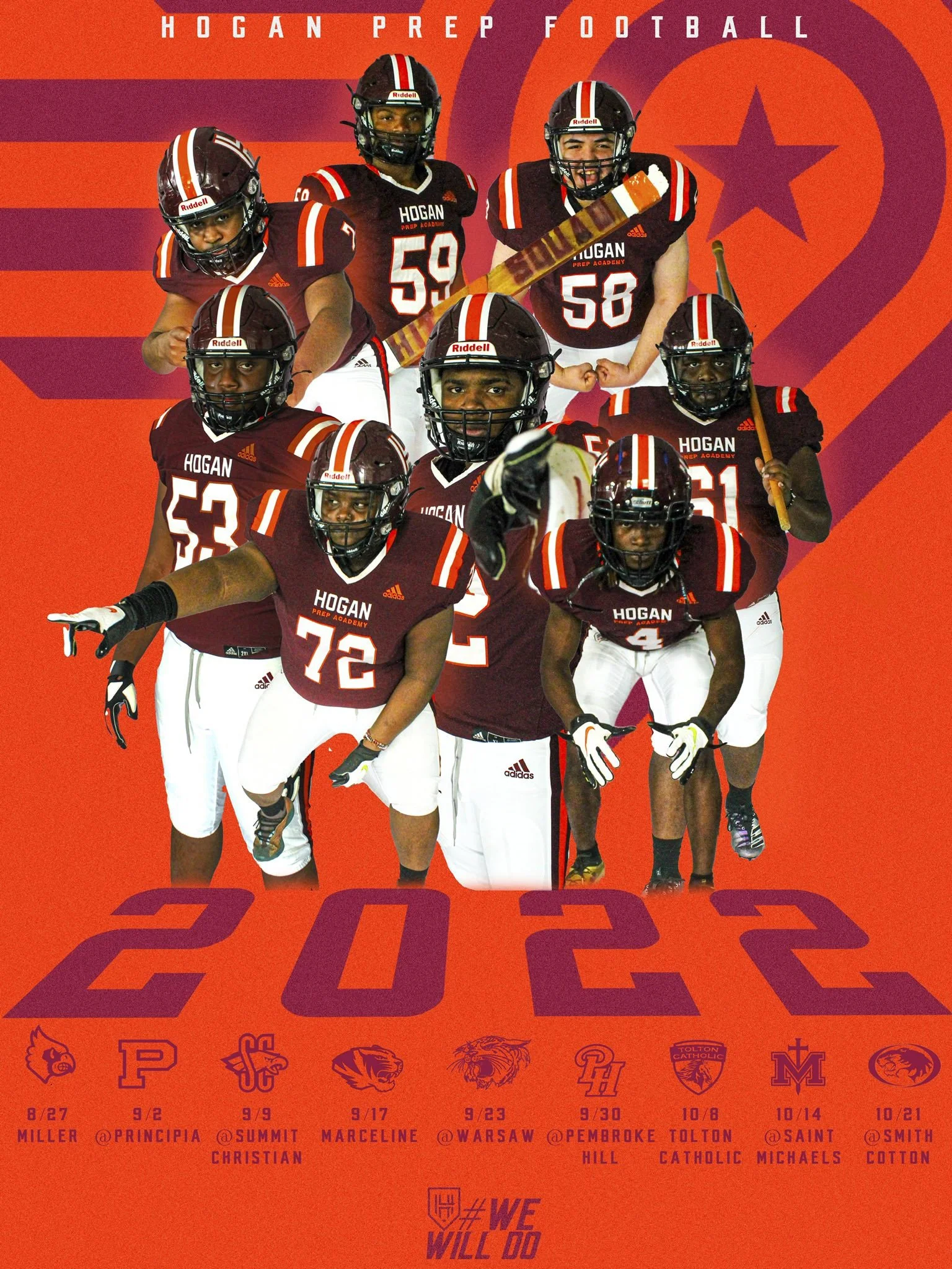 Poster for Hogan Prep Football 2023 season with a group of football players in maroon and white uniforms, helmets, and gear, standing against an orange background with team logos and game schedule at the bottom.