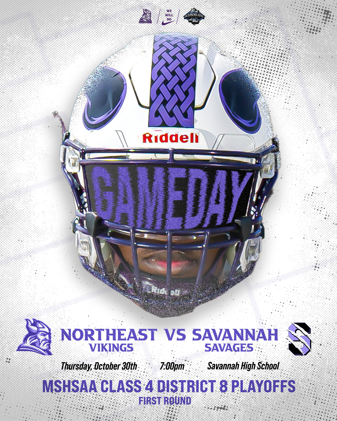 Football game poster for Northeast Vikings versus Savannah Savages, scheduled for October 30th at 7:00 pm at Savannah High School. Features a football helmet with the word 'SAVEDAY' on the face mask, a headshot of a player wearing the helmet, and logos of the teams and sponsors.