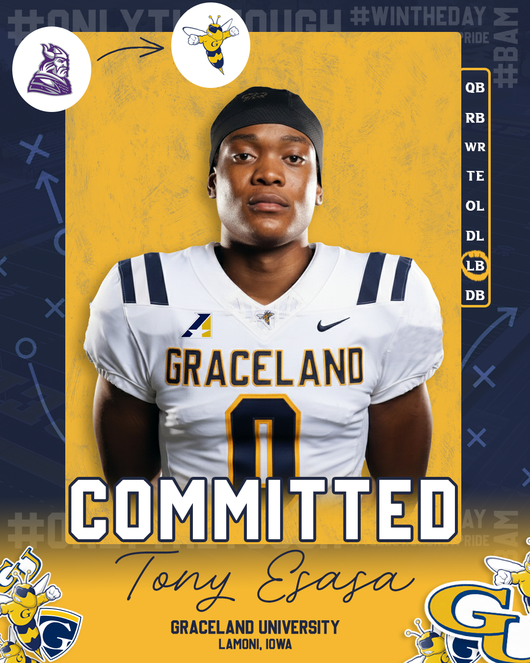 A football player from Graceland University in Lamoni, Iowa, is shown wearing a white jersey with 'GRACELAND' and the number 0. The image celebrates his commitment, with a background featuring sports-themed graphics, the Graceland University mascot, and an illustrated bee. Text indicates the player's name, Tony Esaga.
