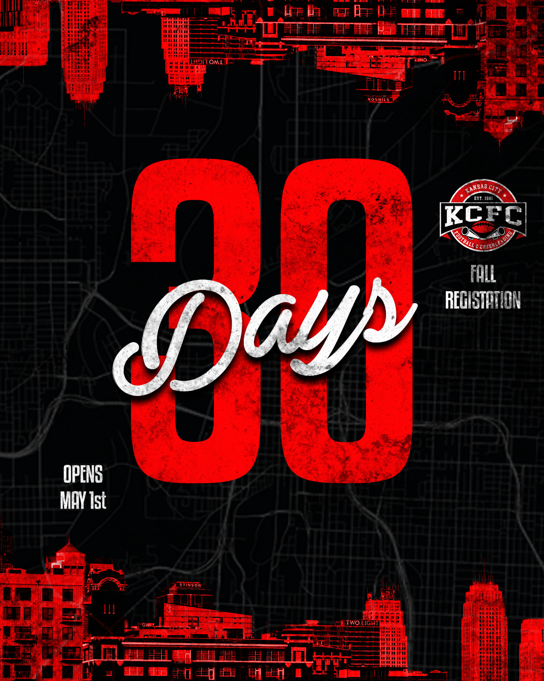 Promotional poster for a 30-day event with a black background, red and white text, including city skyline silhouettes, and Kansas City Football & Cheerleading logo.