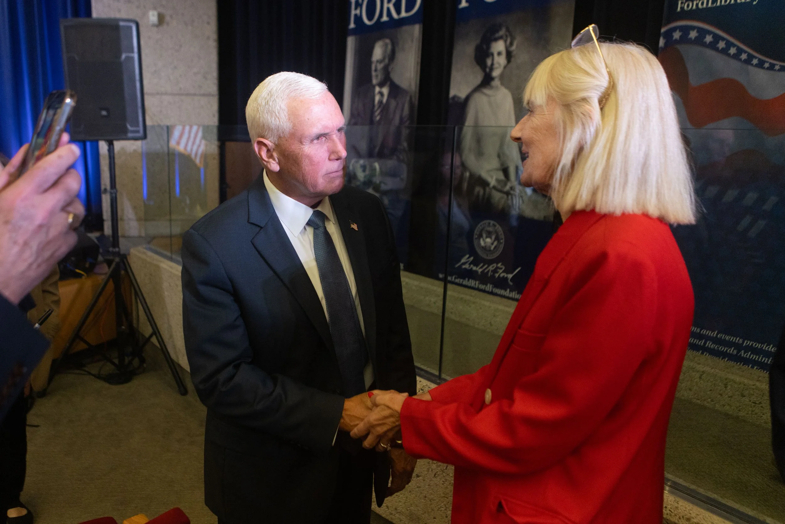 Former Vice President Mike Pence meets with guests at his June 23, 2026 program at the Ford Presidential Museum.