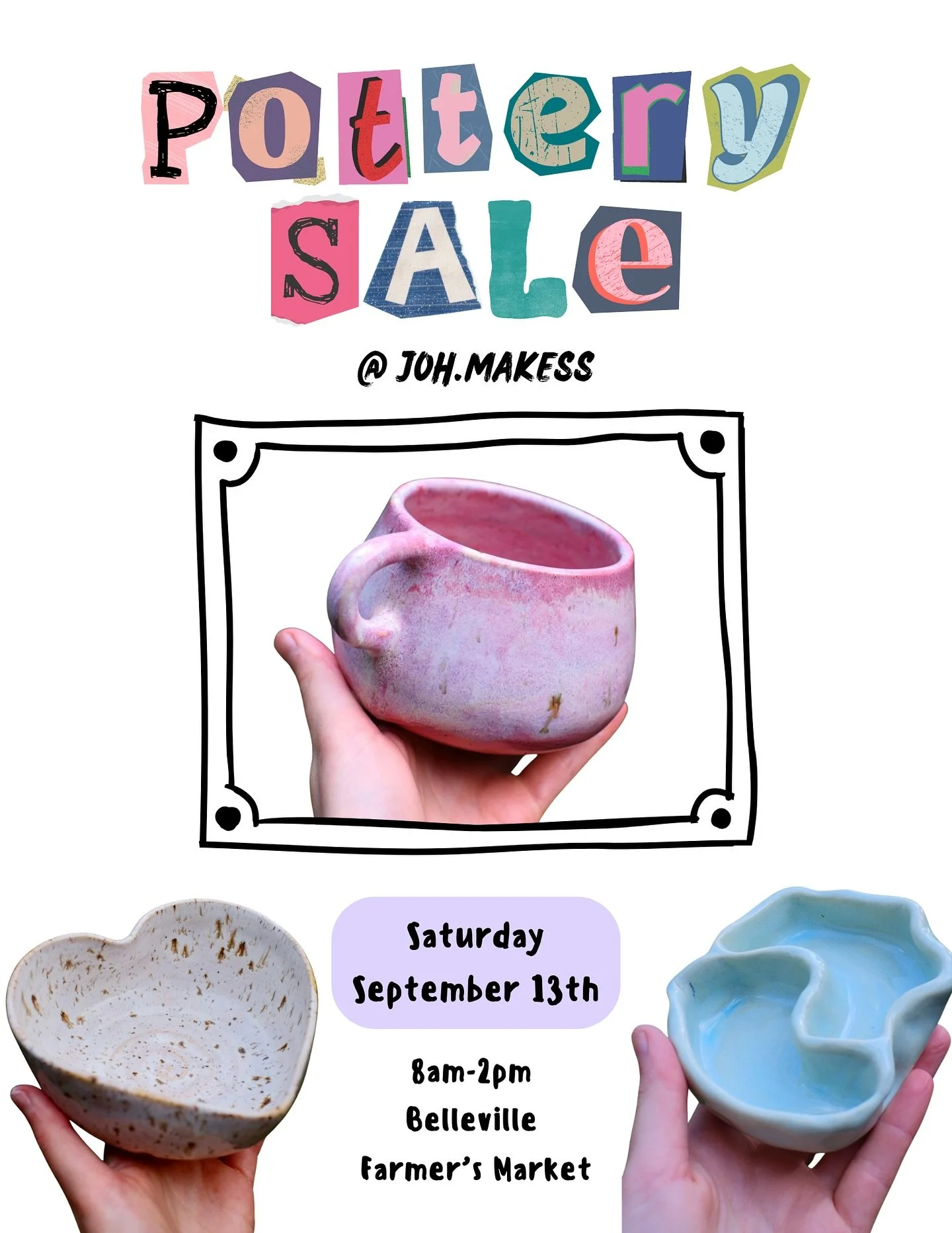 🎉 Pottery sale 🎉 

My work will be available this Saturday, September 13th at the downtown Belleville farmer&rsquo;s market!! I&rsquo;ll be there from 8am-2pm and can take cash or cards. I&rsquo;ve got 3 batches of pottery up for grabs 💓

Even if 