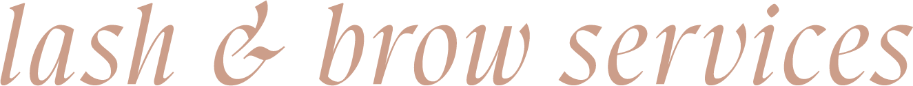 Text reading 'lash & brow services' in elegant pinkish-tan cursive font on a dark background.
