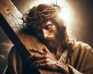 Depiction of Jesus Christ carrying a wooden cross, illuminated with bright light behind him