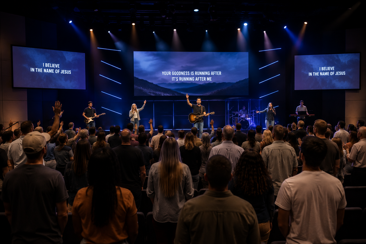 A group of people in an indoor church or concert setting with their hands raised, facing a stage with a band and singers performing. The stage has three large screens displaying lyrics, with one reading "YOUR GOODNESS IS RUNNING AFTER IT'S RUNNING AFTER ME" and two side screens displaying "I BELIEVE IN THE NAME OF JESUS." The band includes a guitarist, singer with a microphone, drummer, and keyboardist, and the scene is illuminated with stage lights.