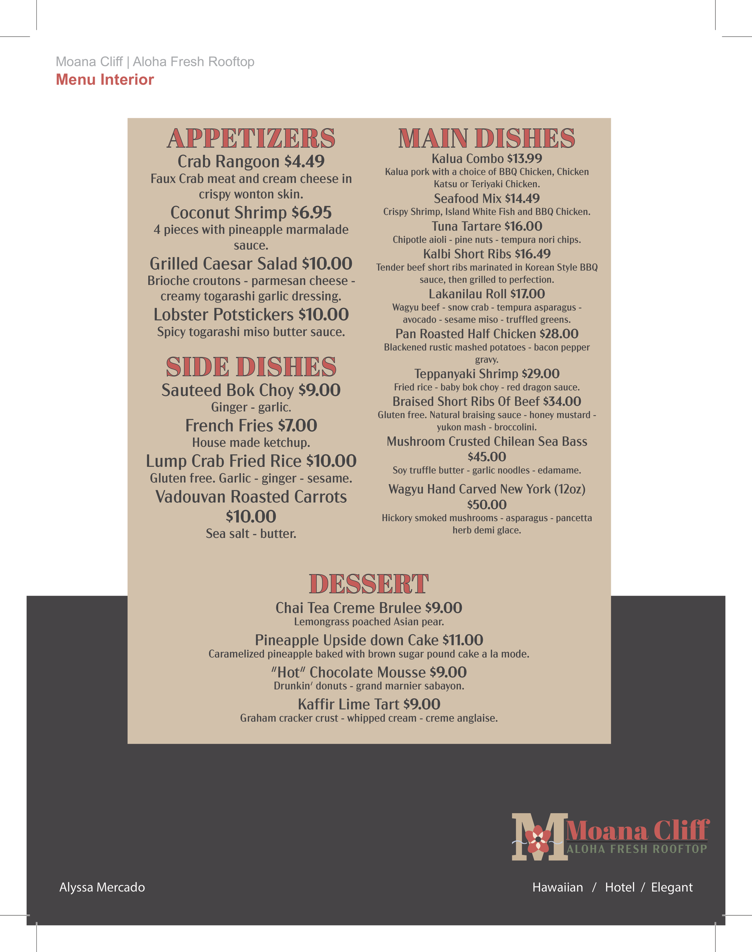 Moana Cliff Restaurant Menu 2021