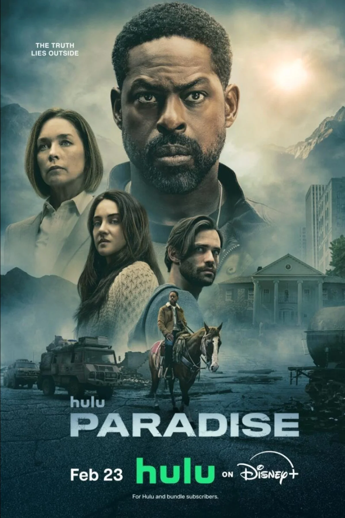 Hulu's "Paradise" season 2 poster featuring Sterling K. Brown, Shailene Woodley, Julianne Nicholson, and Thomas Doherty. 