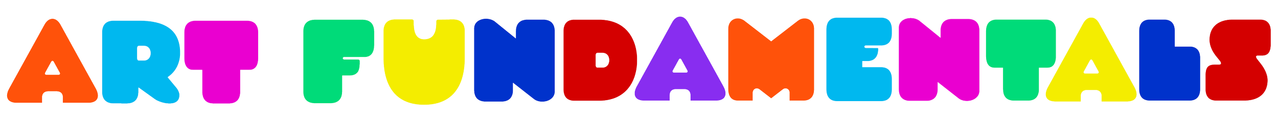 Colorful text spelling 'ART FUNDAMENTALS' with each letter in a different vibrant color.
