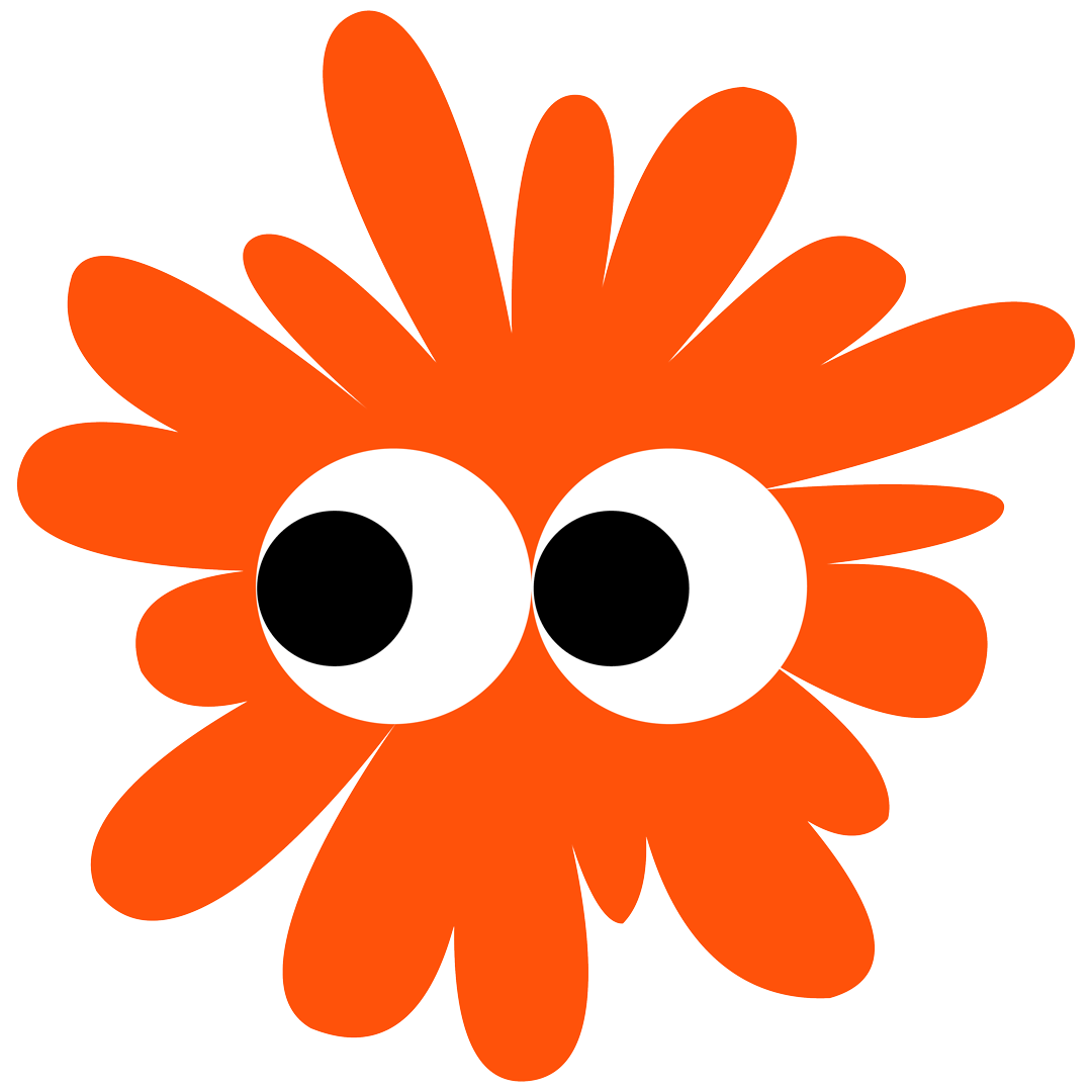 Cartoon flower character with big white eyes and black pupils, orange petals, on a white background.