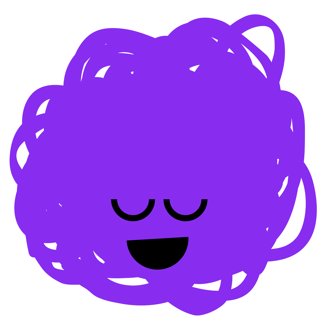 A cartoon illustration of a purple ball of yarn with a happy face, closed eyes, and an open mouth, against a white background.