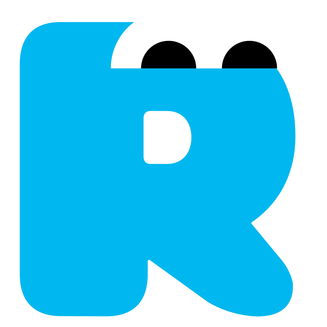 Large blue letter R with two black circles on top of it.