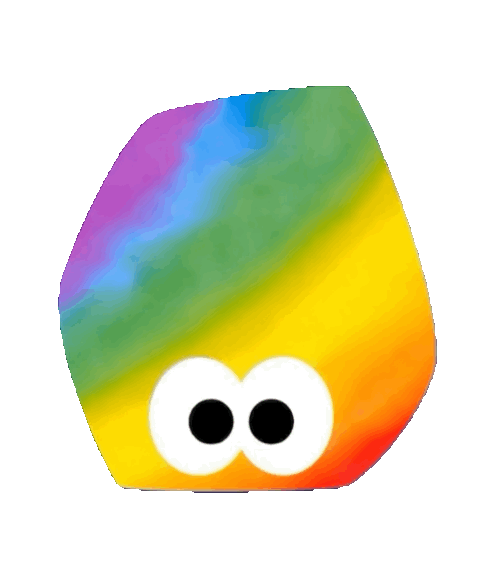 Colorful, rainbow-colored character with large white eyes and black pupils.