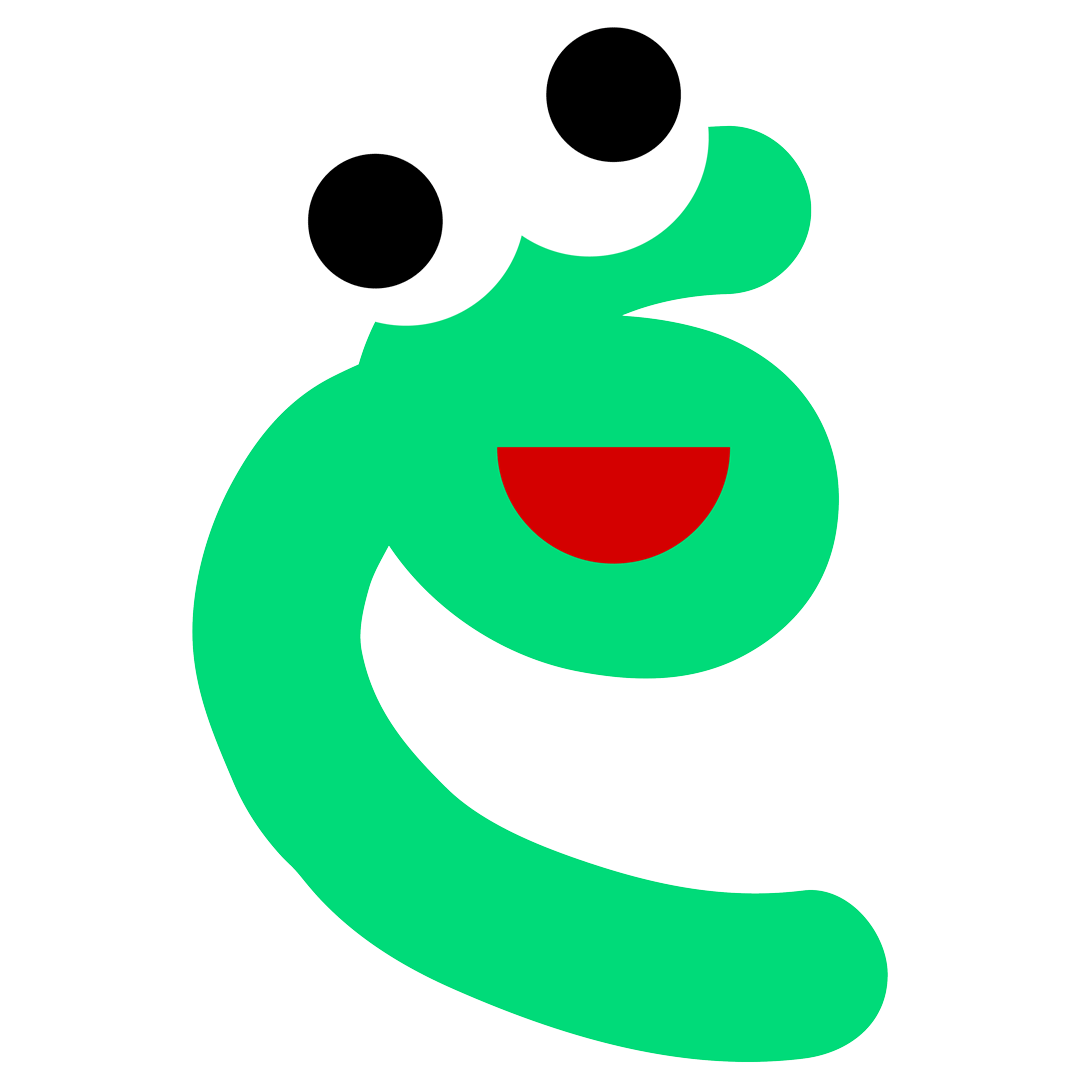 Cartoon character with a big green 'C' shape, eyes, and a wide open red mouth, smiling cheerful expression