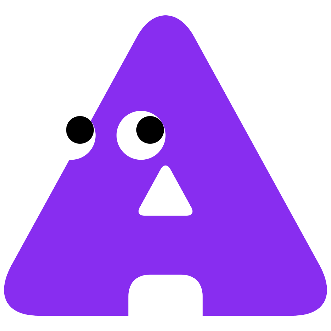 Cute purple letter A with cartoon eyes and a nose.