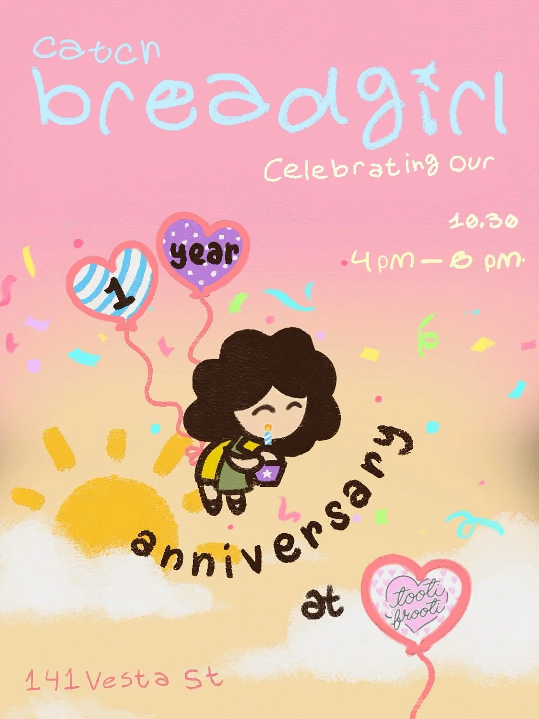 🍰♡ ༘* hi friends ! come celebrate breadgirl&rsquo;s one year anniversary on thursday 10.30 | 4p-6p @tootifrooti.shop !! *halloween costumes are encouraged*&thinsp;&thinsp;
&thinsp;&thinsp;&thinsp;&thinsp;&thinsp;&thinsp;
with our lovely friends ˖.(੭