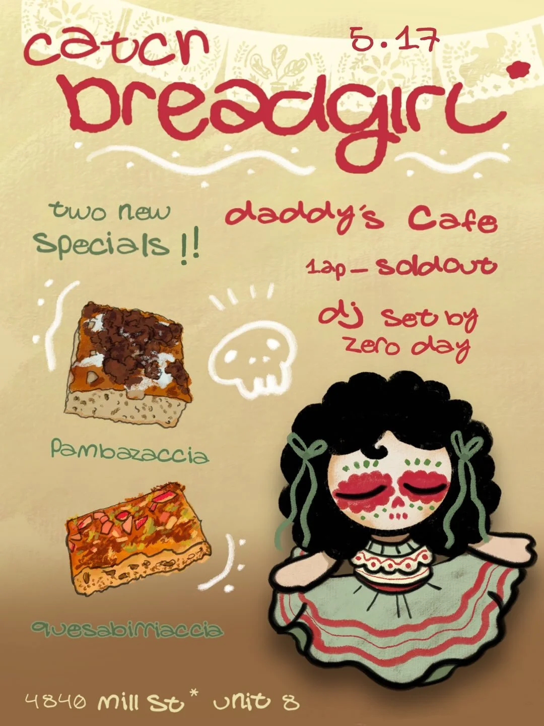 (✿ᴗ͈ˬᴗ͈)⁾⁾ surprise ! we will be at Daddy&rsquo;s Tacos for the grand opening of their coffee truck, DADDY&rsquo;S CAFE this Sunday 𓊆ྀི❤︎𓊇ྀ 
&thinsp;
grab a piece of quesabirria foccacia, chorizo con papa focaccia or some of our sweet classics like