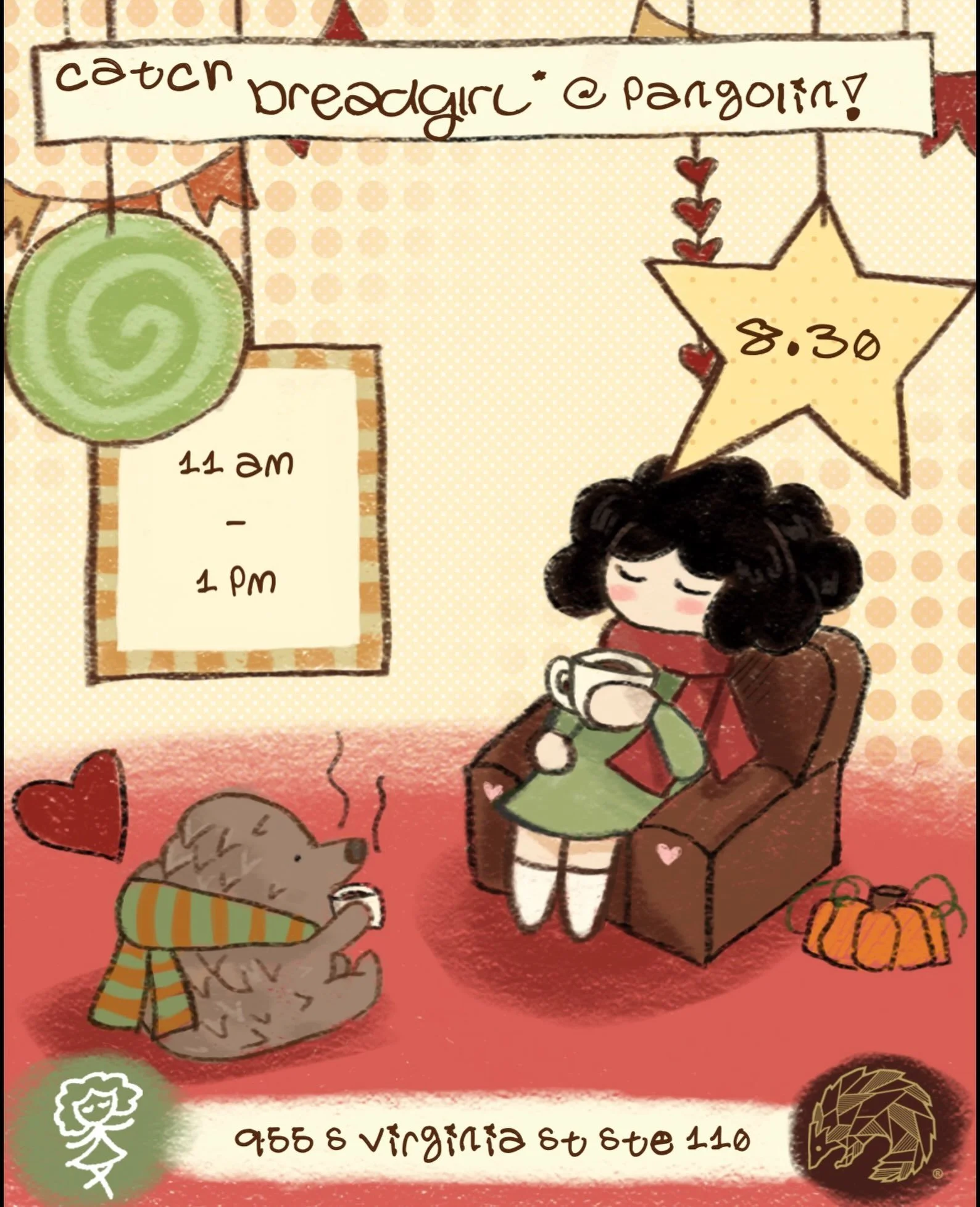 🍂˚ ༘ ೀ haii! come try out the new breadgirl* and pangolin fall specials ⋆｡˚☕️&thinsp;&thinsp;
&thinsp;
breadgirl* bakery pop-up at pangolin cafe this Sunday ! 11a - 1p &thinsp;&thinsp;
&thinsp;&thinsp;
we can&rsquo;t wait to see you ! 🧸 .&deg; ꩜ 🥧