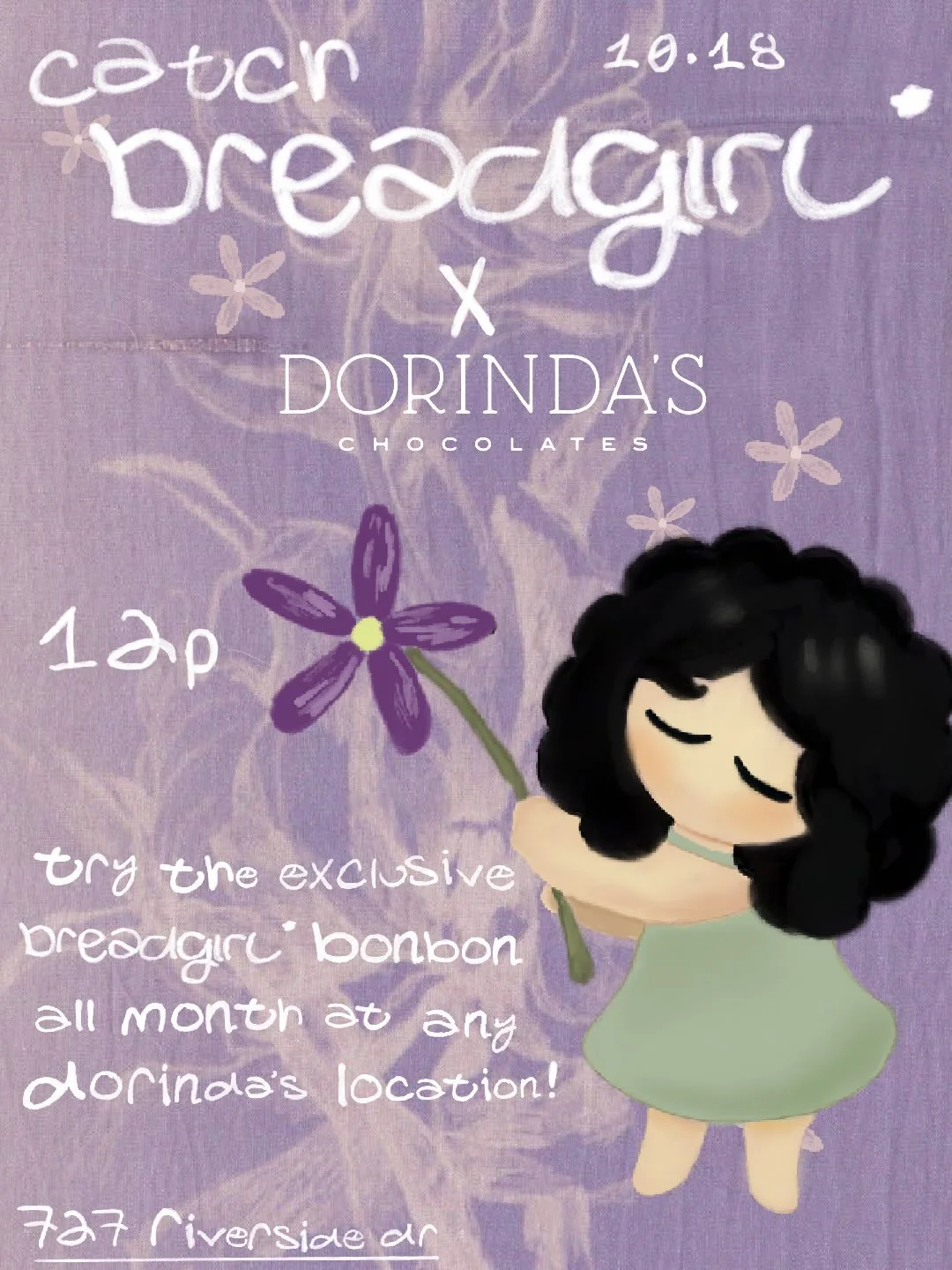 ˚ ༘ ೀ⋆｡˚ ⭐️ catch breadgirl* bakery at Dorinda&rsquo;s on Riverside this Sunday at 12 pm&thinsp; ^.^
&thinsp;
Swing by and try the new pumpkin hojicha roll cake with roasted corn ganache + the exclusive breadgirl* bonbon ! &thinsp;
&thinsp;
we can&rs