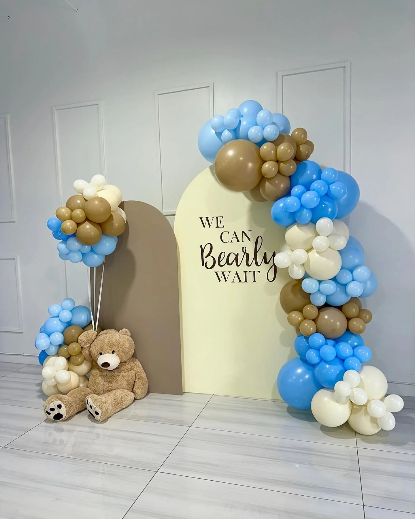 7x4 wood arch backdrop with vinyl, 6x3 wood arch backdrop, 8-10 ft balloon garland and two balloon clusters