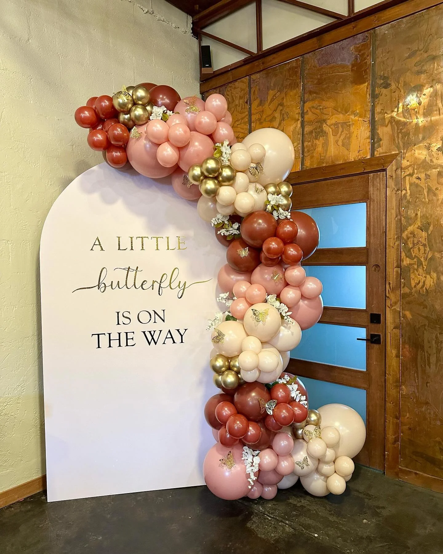 7x4 wood arch backdrop with vinyl, 8-10 ft balloon garland with butterflies and florals