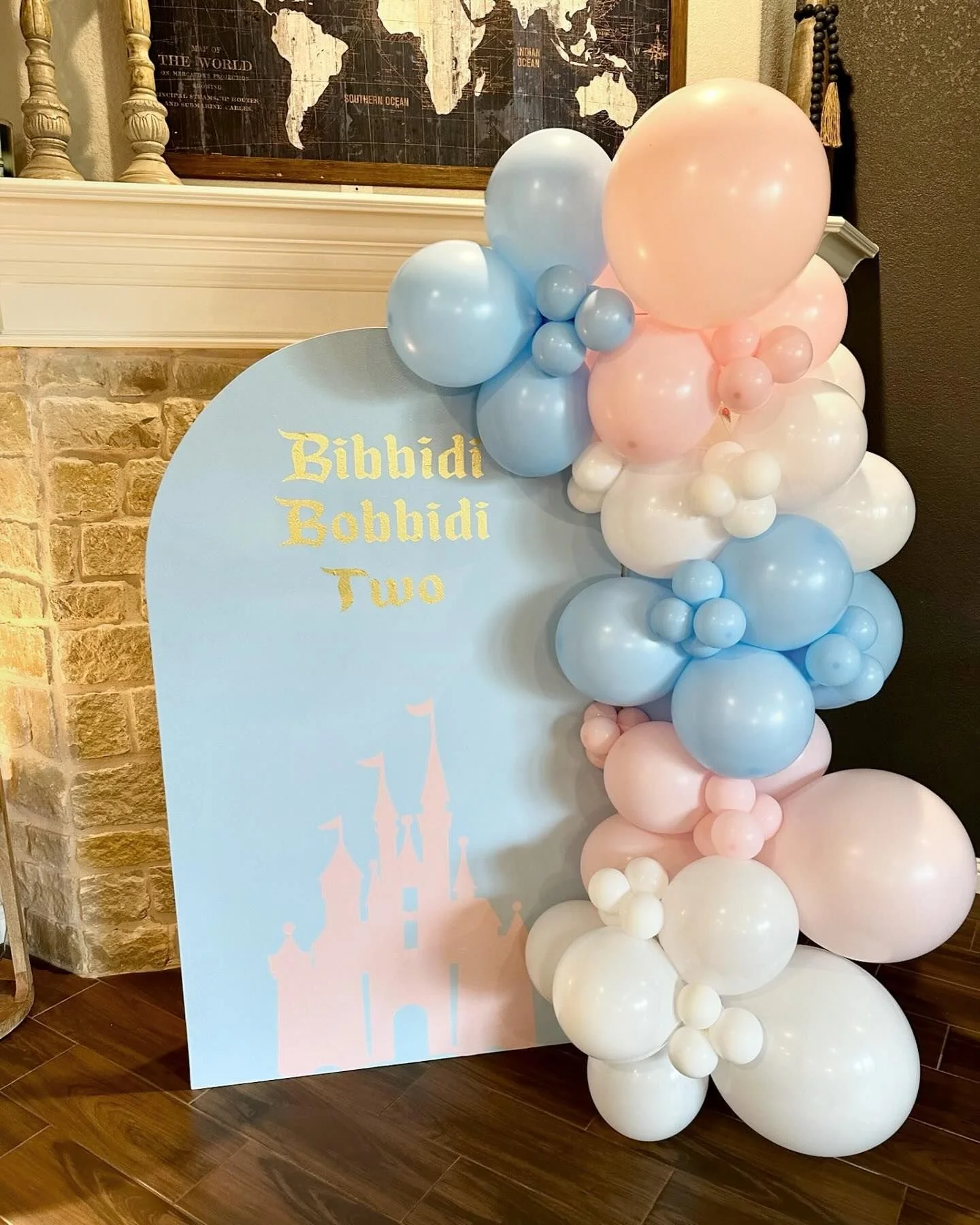 5 ft wood arch backdrop with vinyl and 6 ft balloon garland