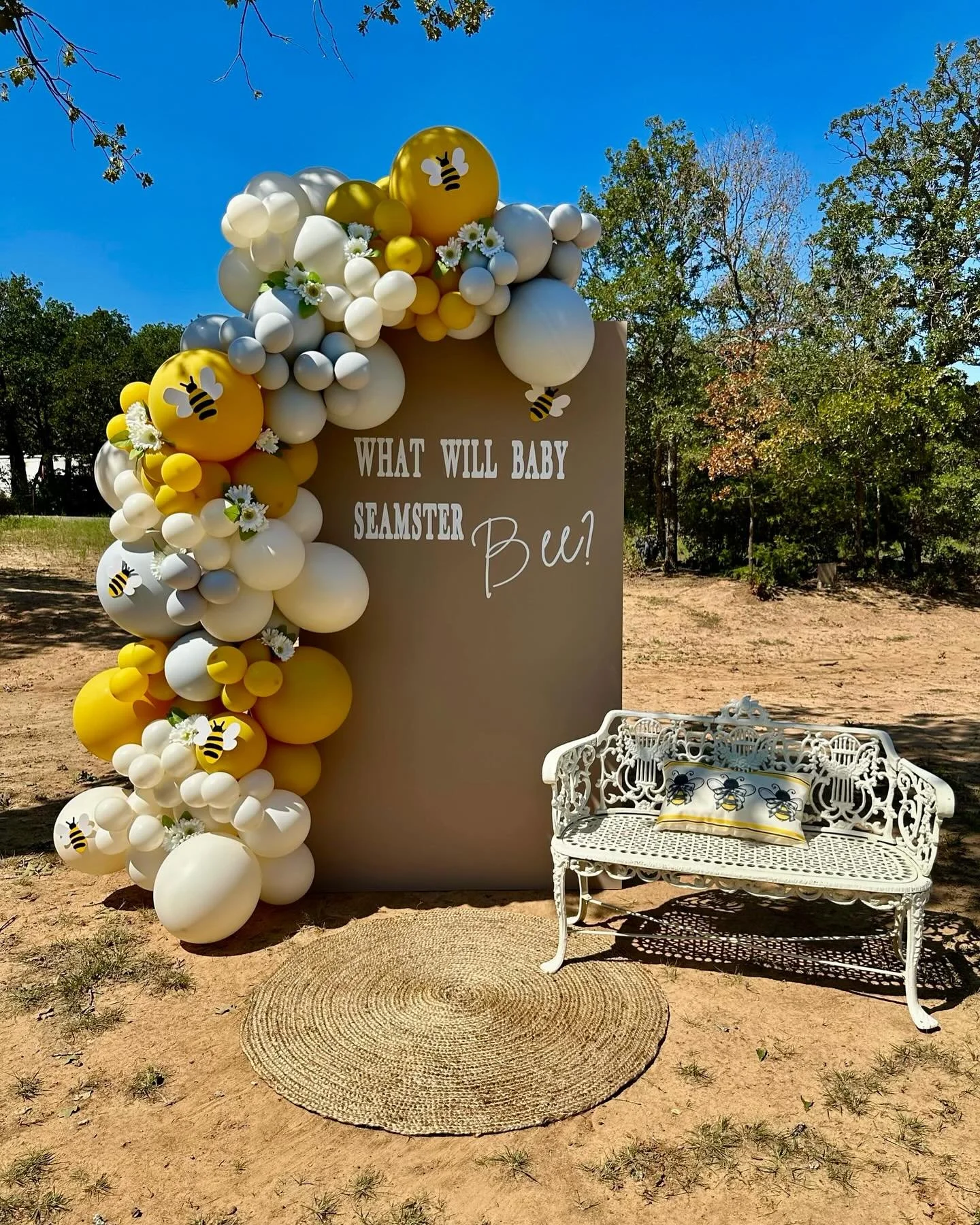 7x4 wood rectangle backdrop with vinyl and 8-10 ft balloon garland with florals and bees