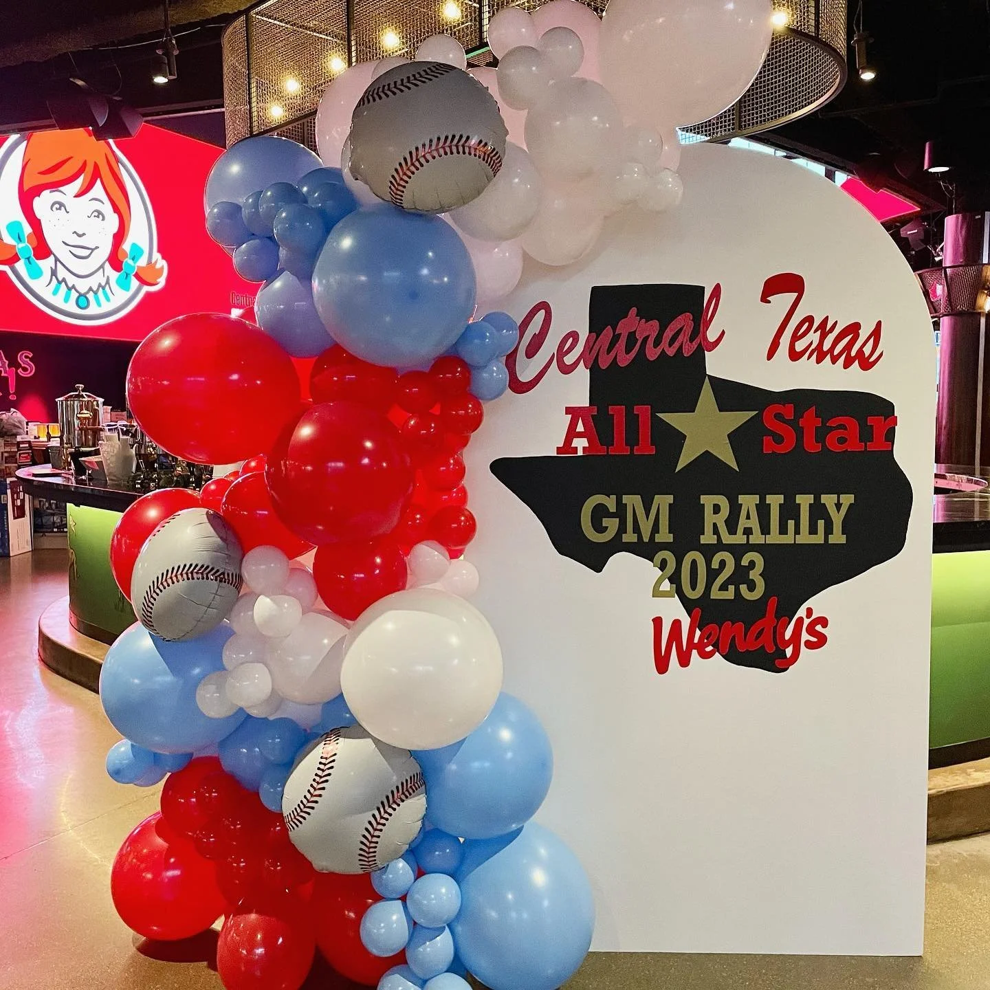 7x4 wood arch backdrop with vinyl and 8-10 ft balloon garland and baseball foils