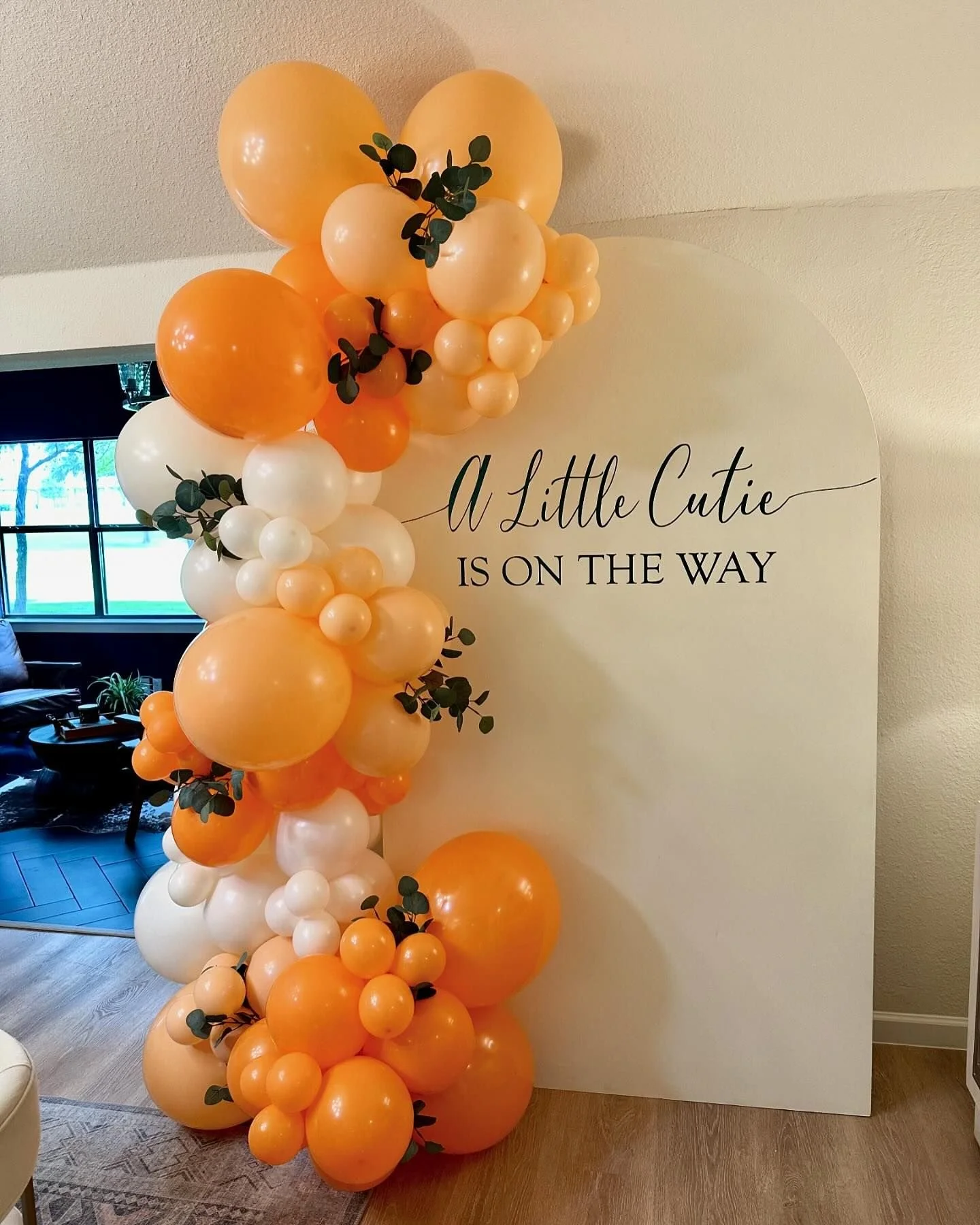 7x4 wood arch backdrop with vinyl and 8-10 ft balloon garland with greenery
