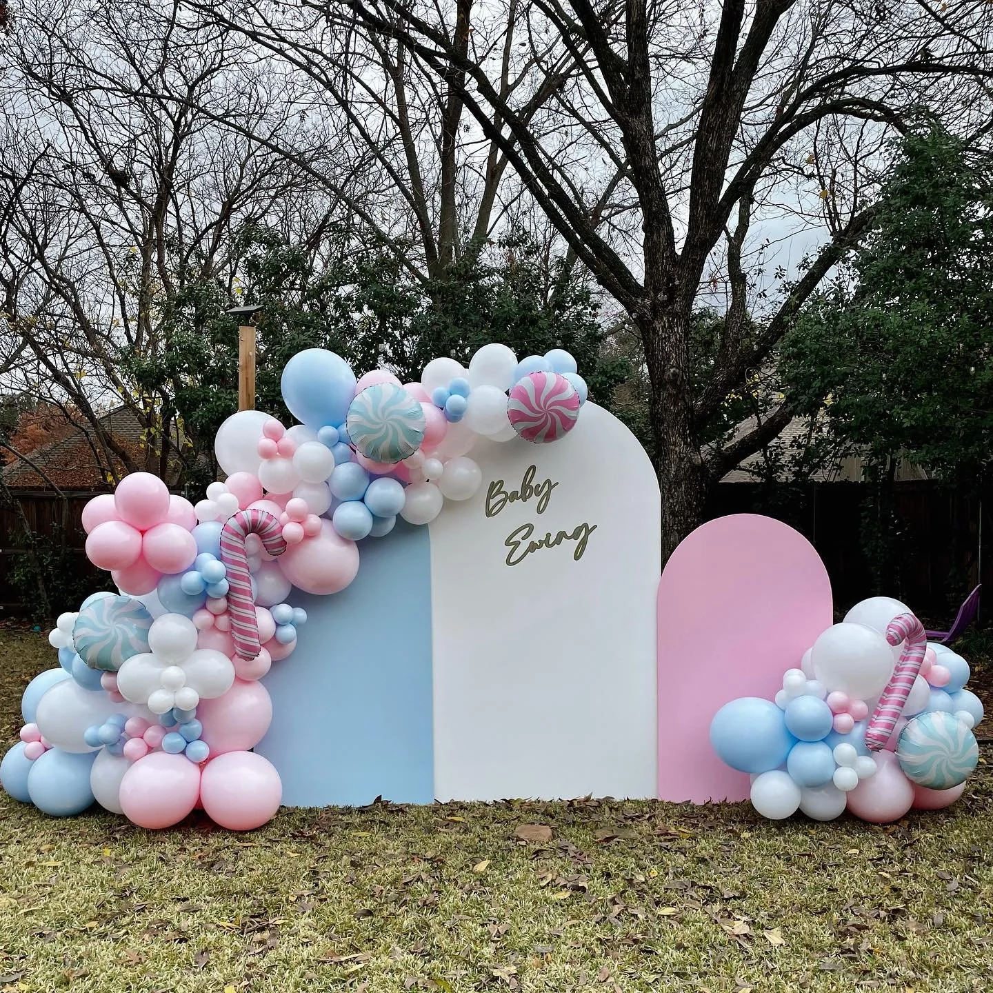 7x4 wood arch backdrop with vinyl, 6x3 wood arch backdrop, 5x3 wood arch backdrop with 12-15 ft balloon garland/cluster and foils