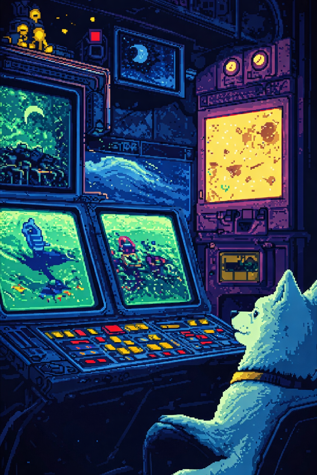 A white dog with a yellow collar sitting in front of a gaming console with multiple screens showing space-themed and astronomical images in a dark room.