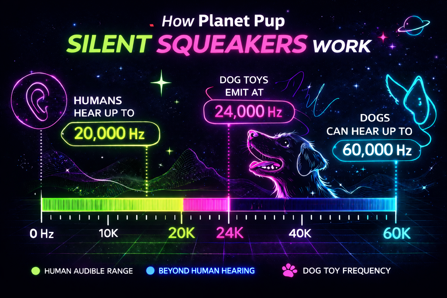 Digital infographic showing sounds at various frequencies: humans hear up to 20,000 Hz, dogs up to 60,000 Hz, and dog toys emit at 24,000 Hz. The background features a starry space theme with neon elements and a drawing of a dog.