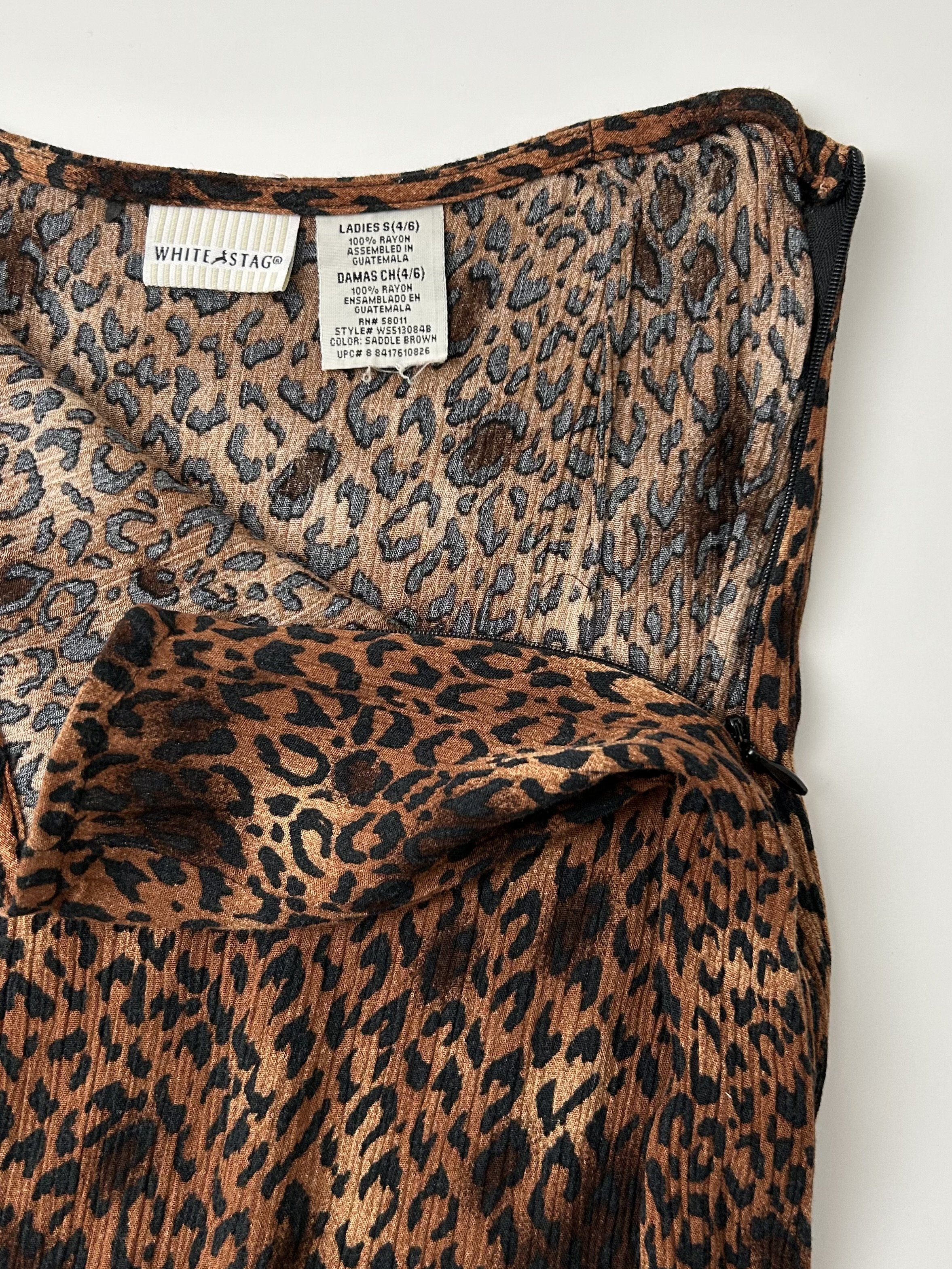 Vintage Midi length rayon leopard skirt with ruffle and side zip by White Stag