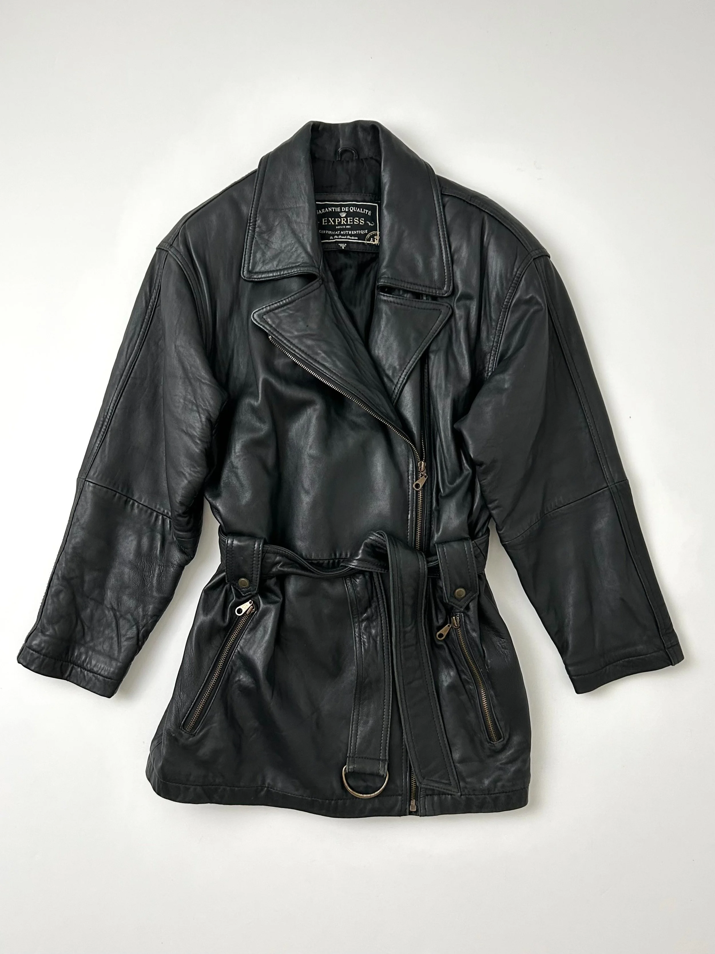 Vintage 90s Express black leather belted jacket