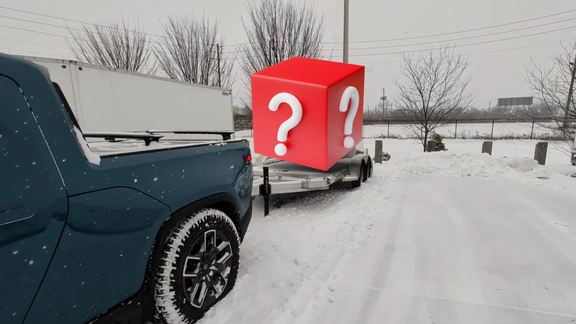 Empty car trailer with a question mark representing the question of what team acrblast's secret project might be