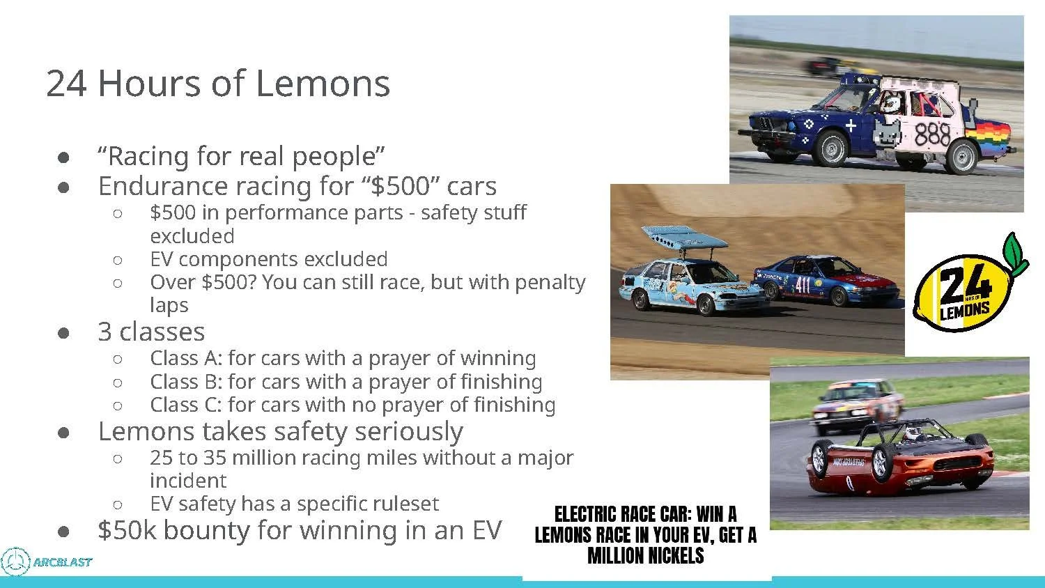 A slide answering the question of What is 24 hours of Lemons?