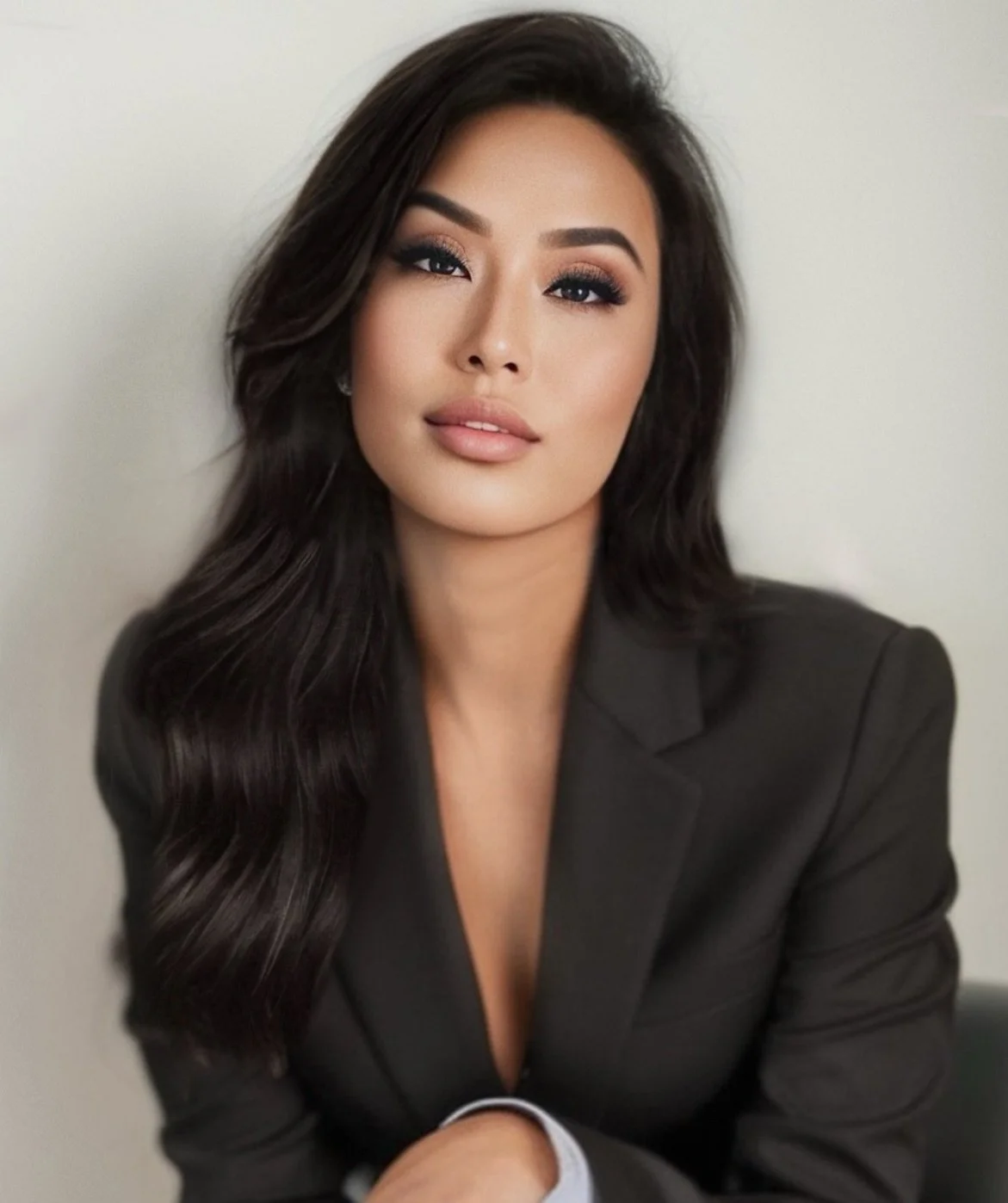 Portrait of a woman with long dark hair wearing a gray blazer, looking at the camera.