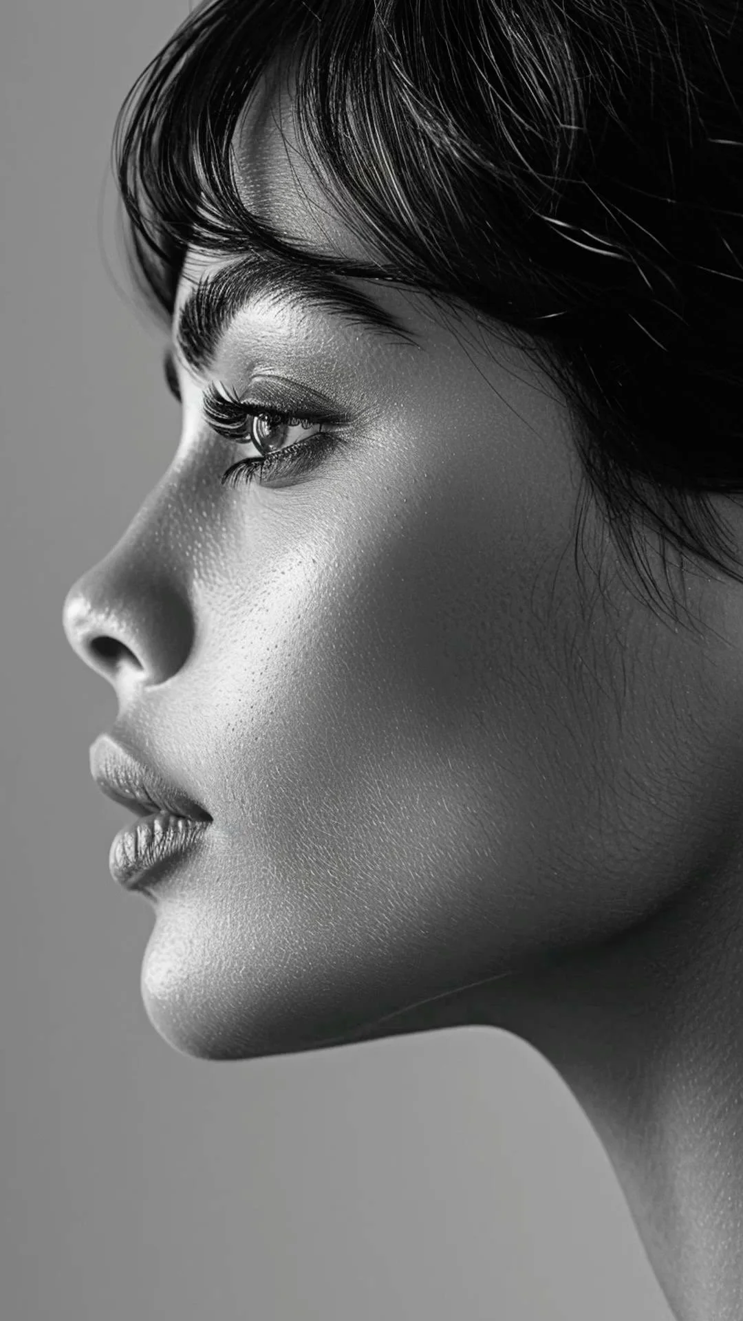 Close-up side profile of a woman with short dark hair and smooth skin in black and white.