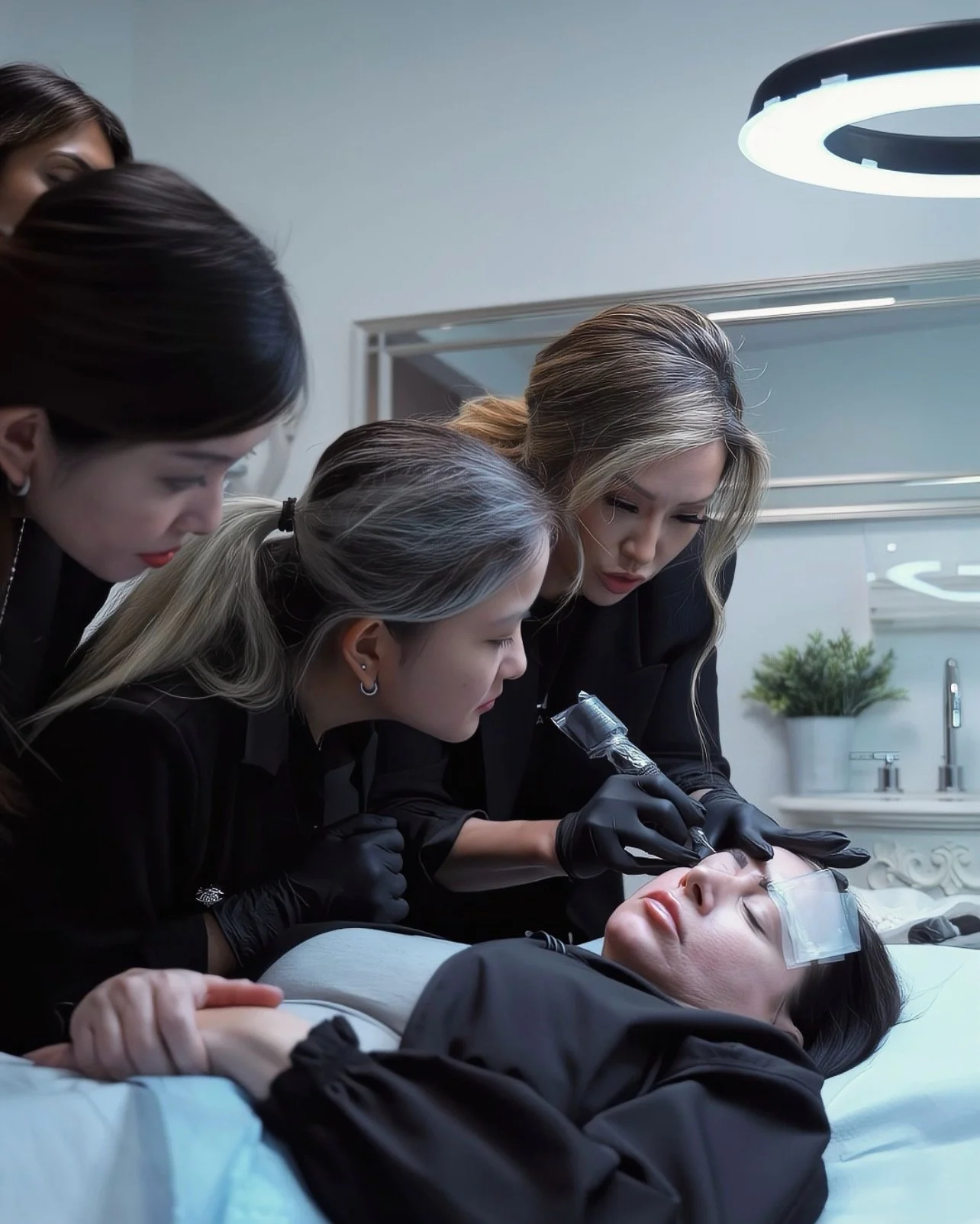 A cosmetic procedure in progress, where a person is receiving a treatment on their eyebrows. Several professionals in black gloves are focused on the procedure under a bright circular light. The patient appears relaxed, lying down with protective coverings on their forehead.