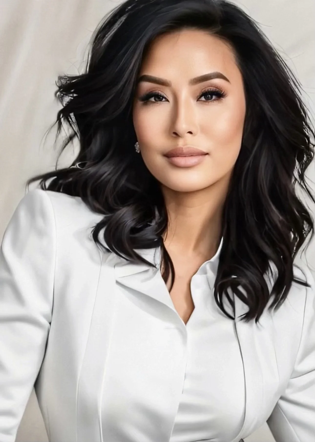 Kim Zen. Woman with long dark hair wearing a white suit
