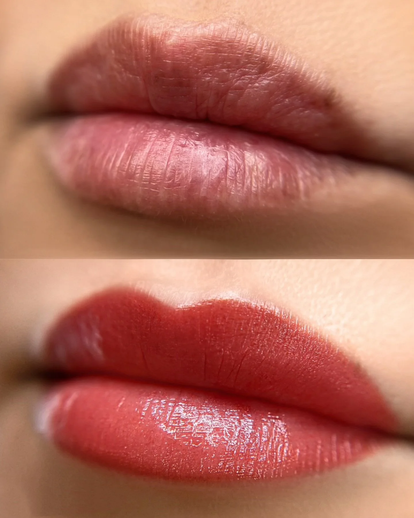 Before and after of lips showing natural color versus dark red lipstick applied.