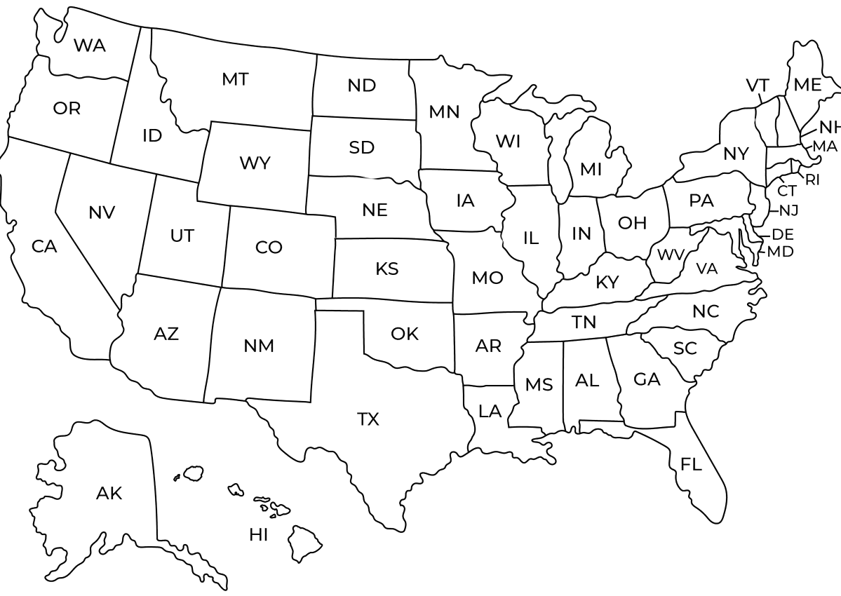 Outline map of the United States showing state boundaries and abbreviations.