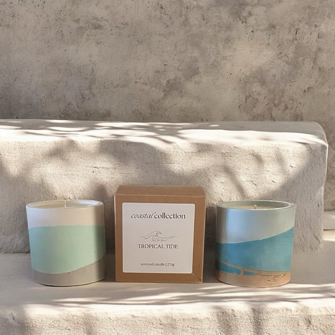 Your tropical escape is just a spark away 🔥✨. Tropical Tide blends citrusy grapefruit, fresh lime leaf, and creamy coconut with comforting vanilla and musk – all housed in a stylish handmade cement vessel.
.
.
.
#tropical #seaside #escape #soy