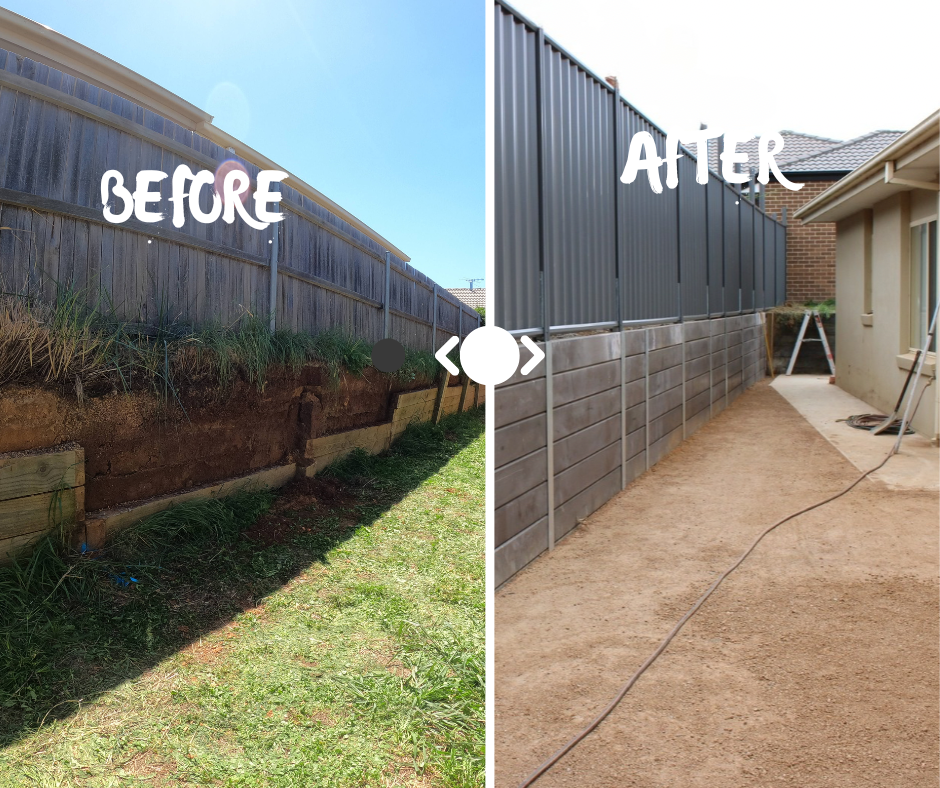Comparison of a backyard fence before and after renovation. The left side shows a sagging, damaged wooden fence with exposed dirt and weeds. The right side shows a sturdy, newly installed fence with dark-colored panels and a garden bed along the base, adjacent to a house.