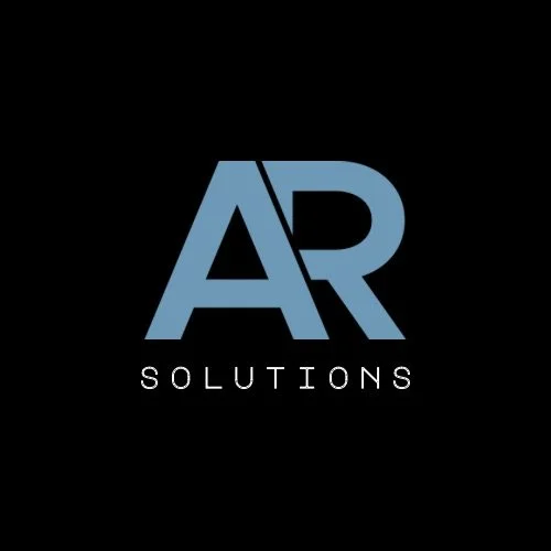 Logo with the letters 'AR' in blue and the word 'SOLUTIONS' below in white against a black background.
