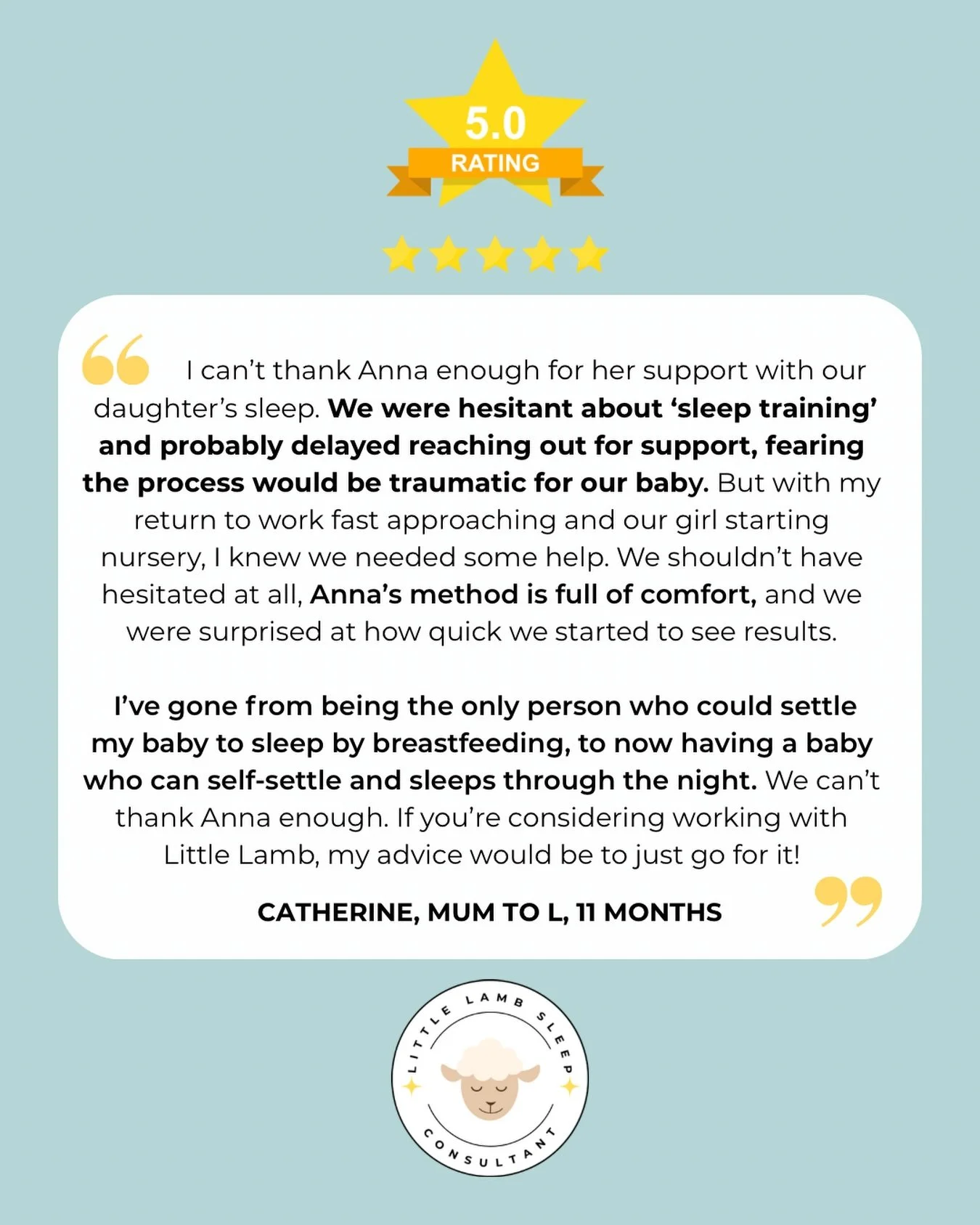 A 5⭐️ review from a lovely family who I recently supported. 

From multiple night wakings, a strong reliance on feeding to sleep and a mum who was ready to share bedtime duties&hellip; this little superstar was soon sleeping through the night and hav