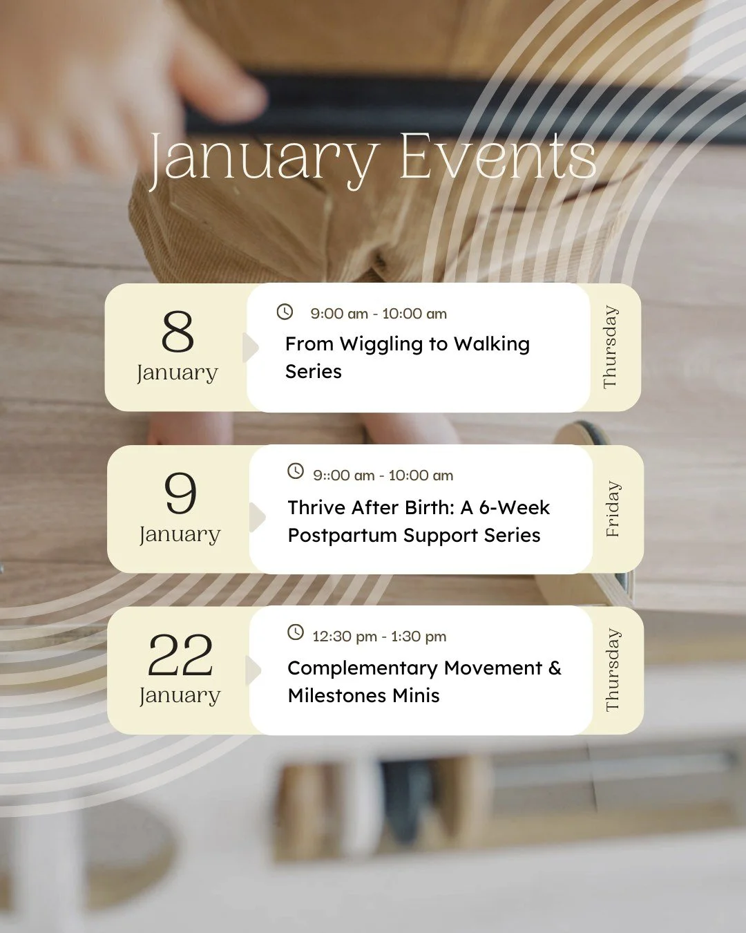 A new year, a fresh season of connection, learning, and support. 🤍
January is full of opportunities to care for babies, parents, and the community around them.

✨ Support your baby&rsquo;s development with From Wiggles to Walking &mdash; a monthly, 